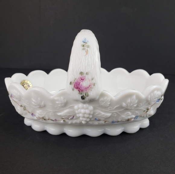 Westmoreland Milk Glass Basket Roses and Blue Vine Grapes Candy Dish Vintage - Picture 1 of 16